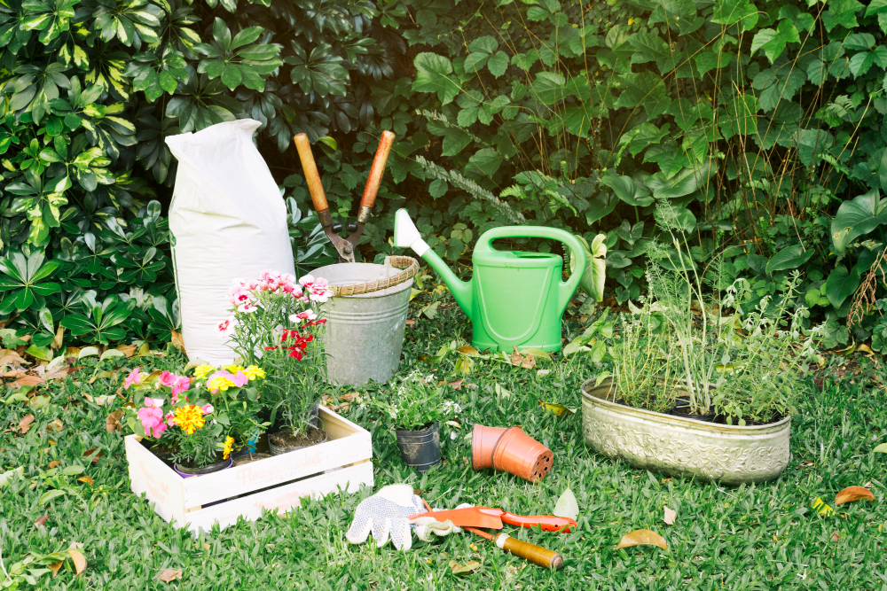 Various gardening tools on grass and Best Secateurs
